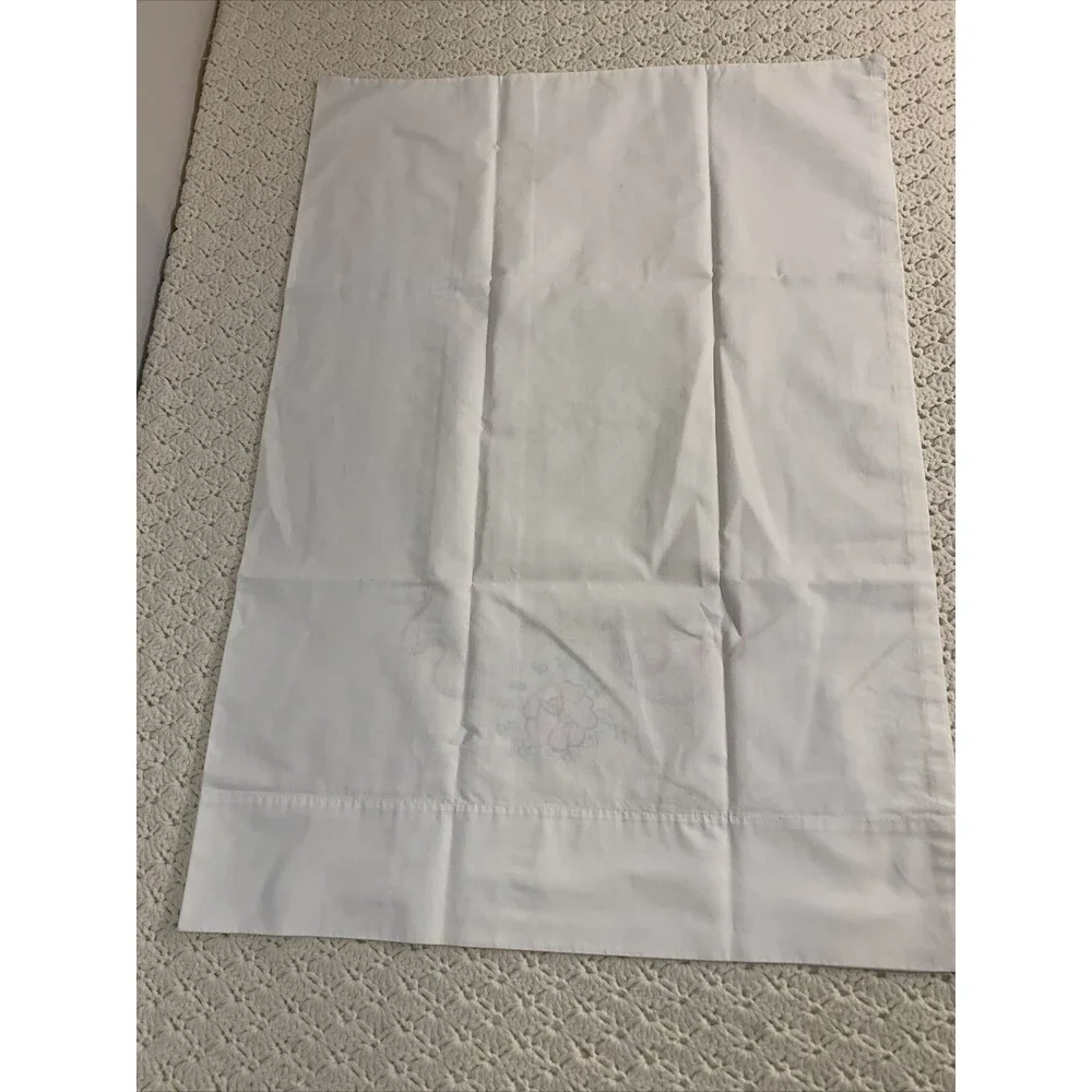 Vintage Pair (2) White Pillowcases Handpainted Flower Basket Ribbons 29”x21”